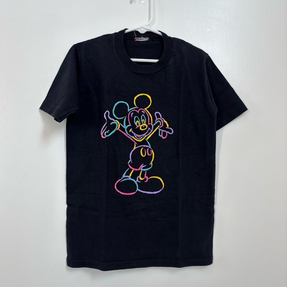 Vintage ‘80s Disney Designs Neon Mickey Mouse Graphic T-Shirt Black Kid Medium